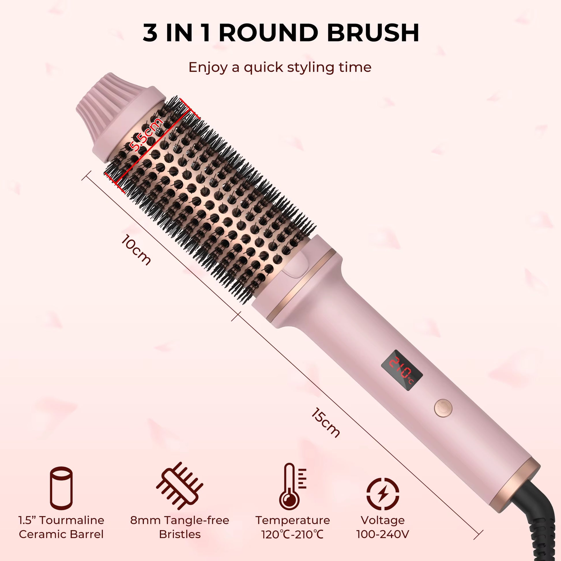 Heated round Brush 1.5 Inch Thermal Brush Heating Curling Iron Brush Volumizing Brush Ceramic Curling Comb Travel Curling Iron